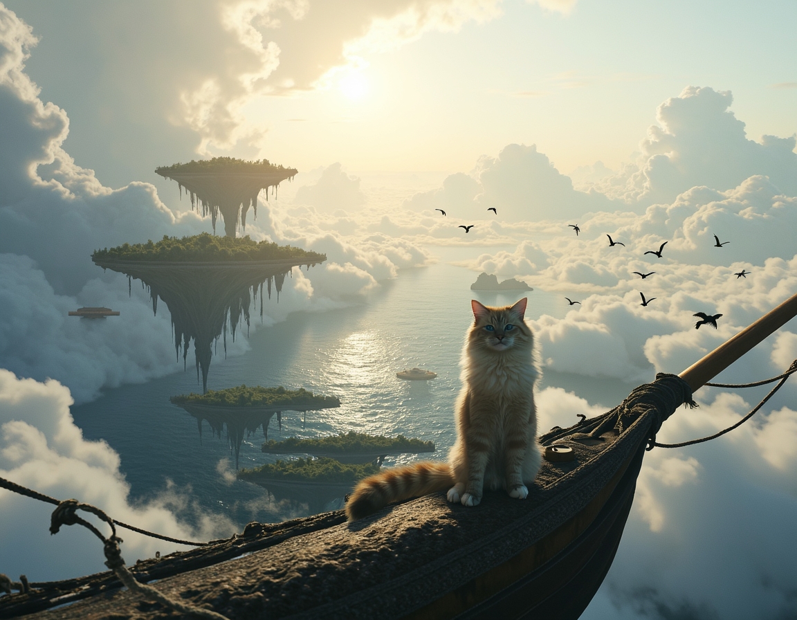 Cat captains a floating pirate ship that navigates between massive cloud-islands. Waterfalls spill over island edges, and mysterious winged creatures soar among the clouds, creating a thrilling, airborne fantasy voyage.